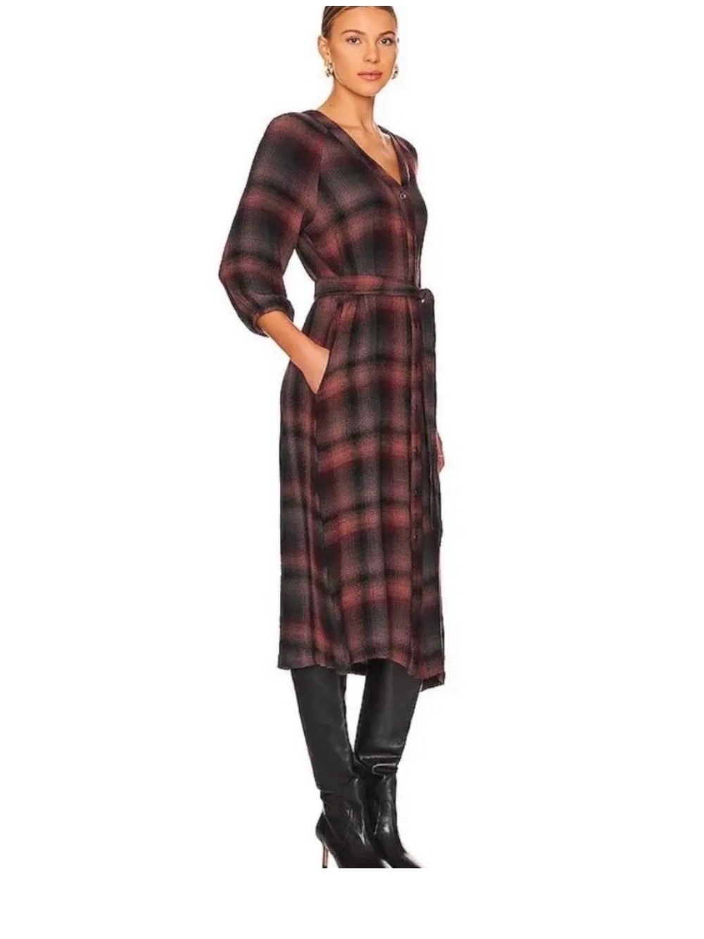 Bella Dahl Pink and Black Plaid Button-Front Maxi Dress
